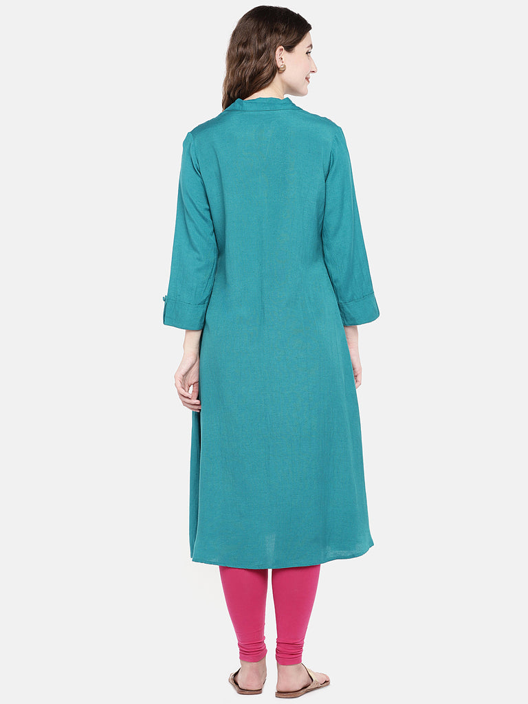 Women A Line Three-Fourth Teal Kurta