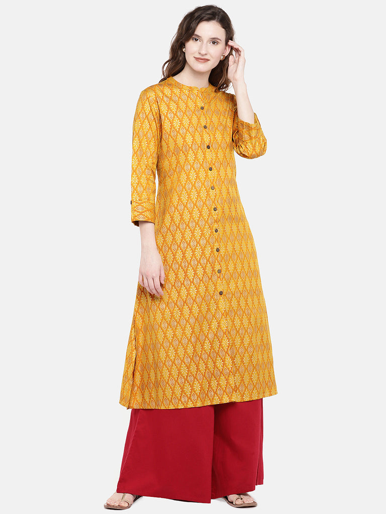 Women Straight Three-Fourth Mustard Kurta