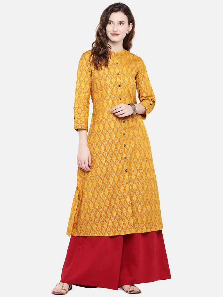 Women Straight Three-Fourth Mustard Kurta