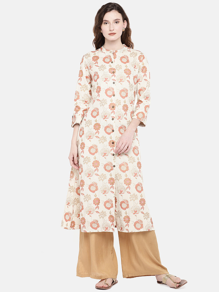 Women Straight Three-Fourth Ecru Kurta