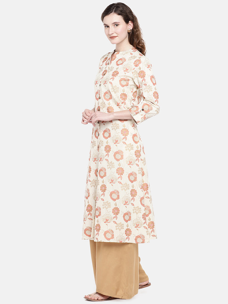 Women Straight Three-Fourth Ecru Kurta