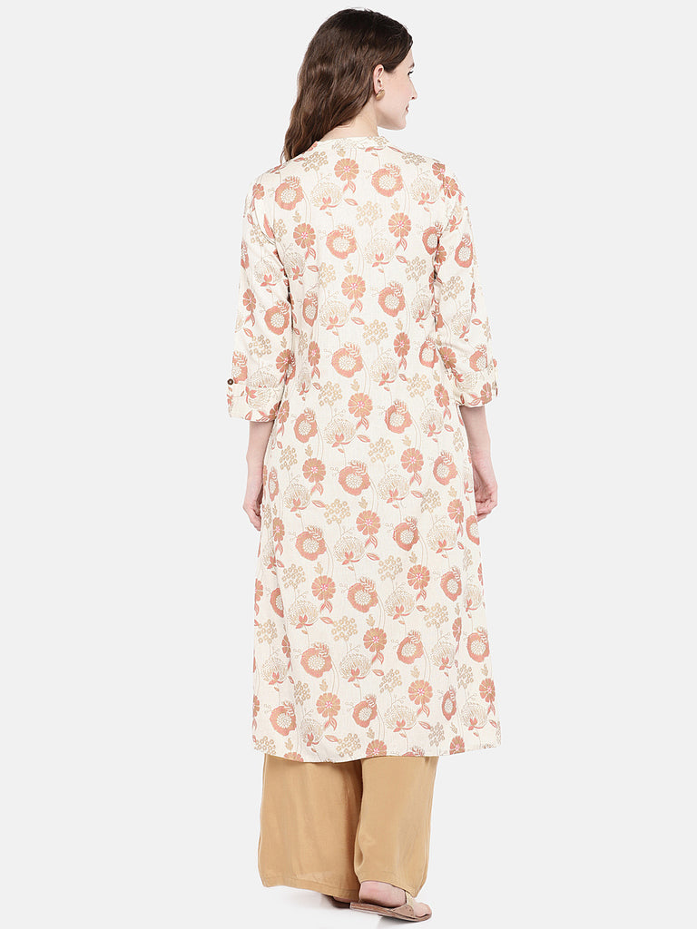 Women Straight Three-Fourth Ecru Kurta