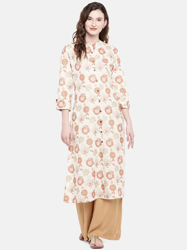 Women Straight Three-Fourth Ecru Kurta