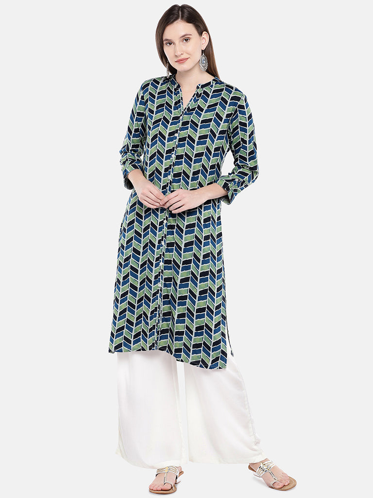 Women Straight Three-Fourth Indigo Tunic
