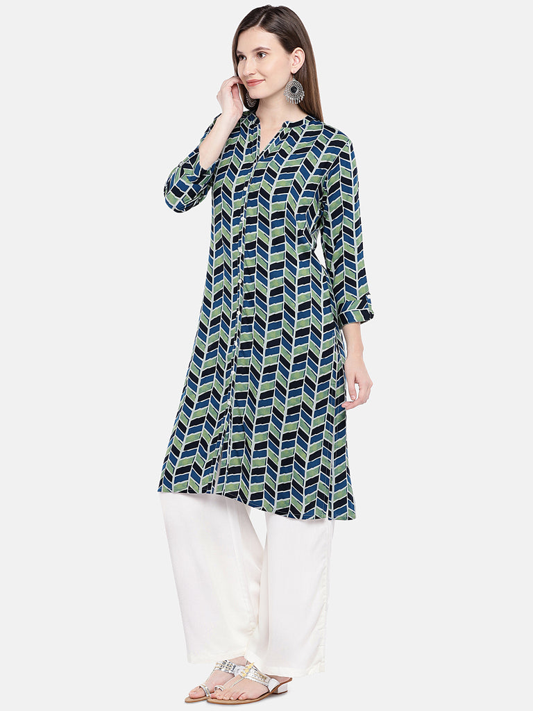 Women Straight Three-Fourth Indigo Tunic