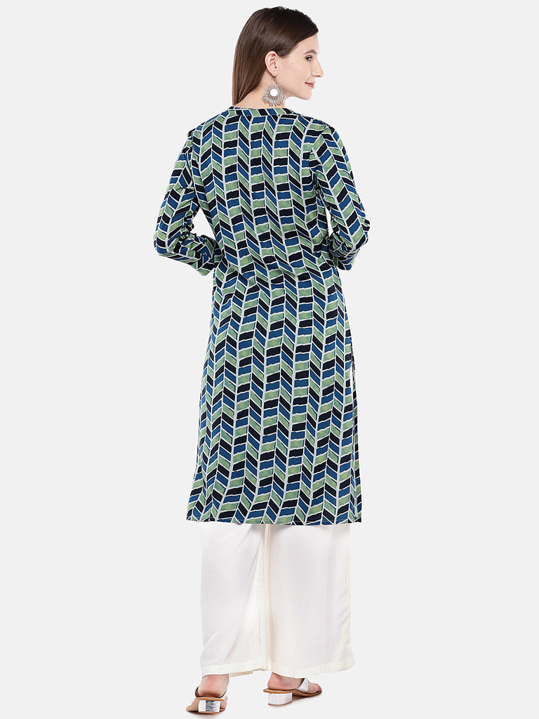 Women Straight Three-Fourth Indigo Tunic