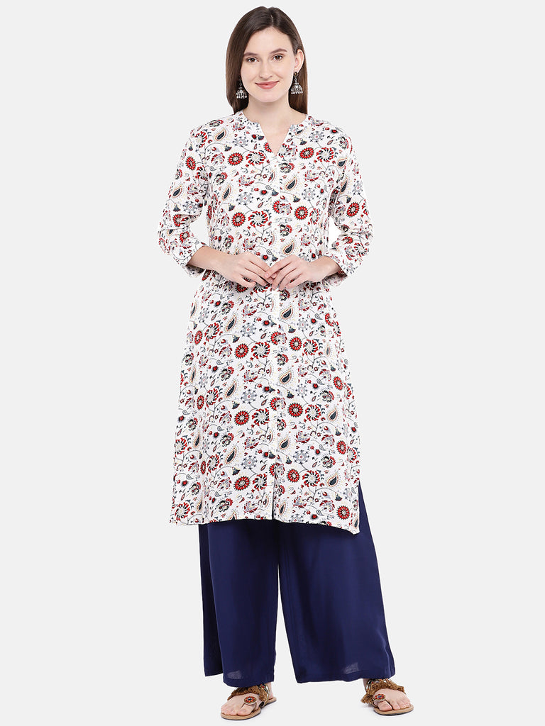 Women Straight Three-Fourth Off White Tunic