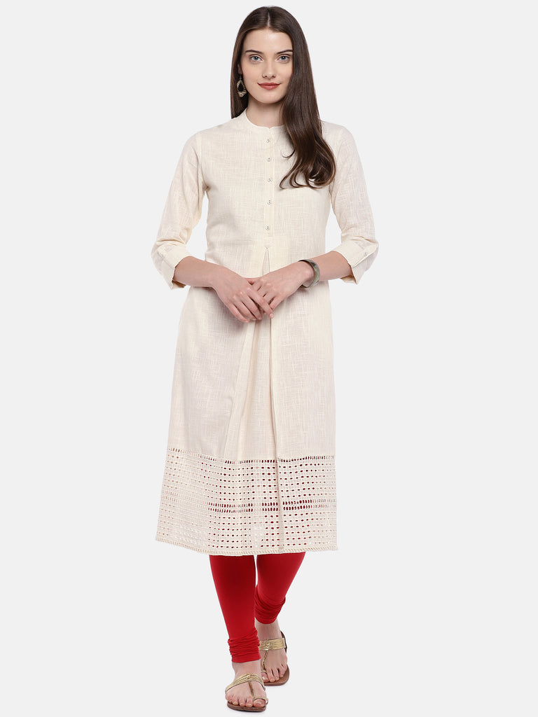 Women A Line Three-Fourth Ecru Kurta