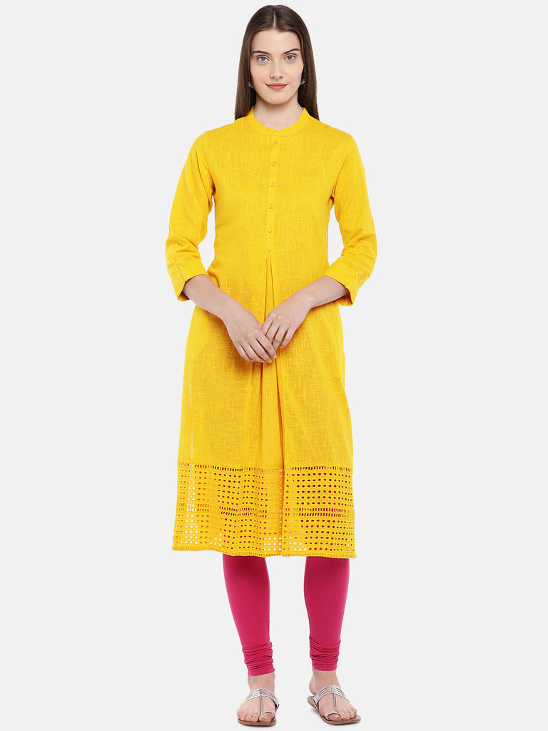 Women A Line Three-Fourth Mustard Kurta