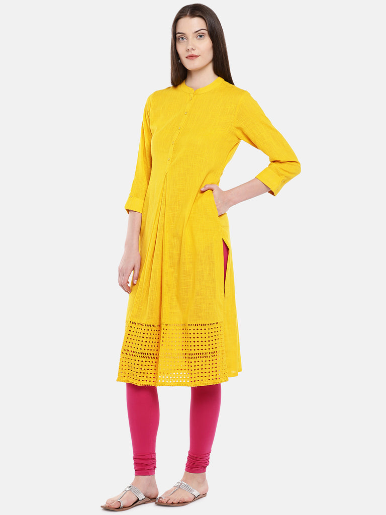 Women A Line Three-Fourth Mustard Kurta
