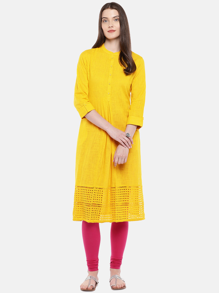 Women A Line Three-Fourth Mustard Kurta