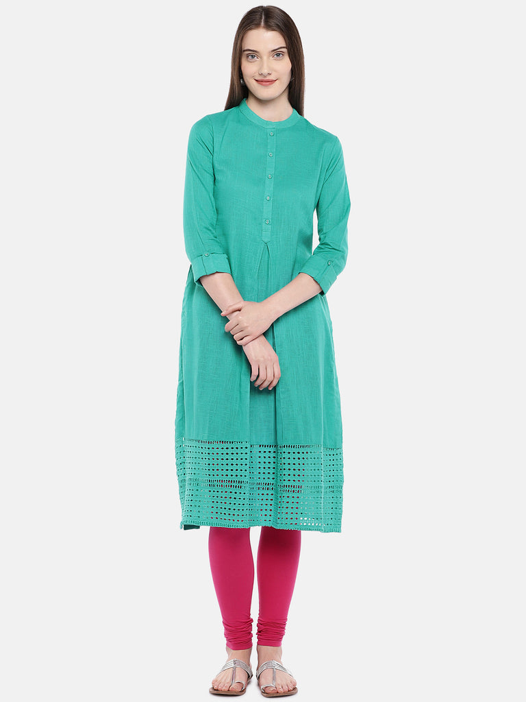Women A Line Three-Fourth Teal Kurta