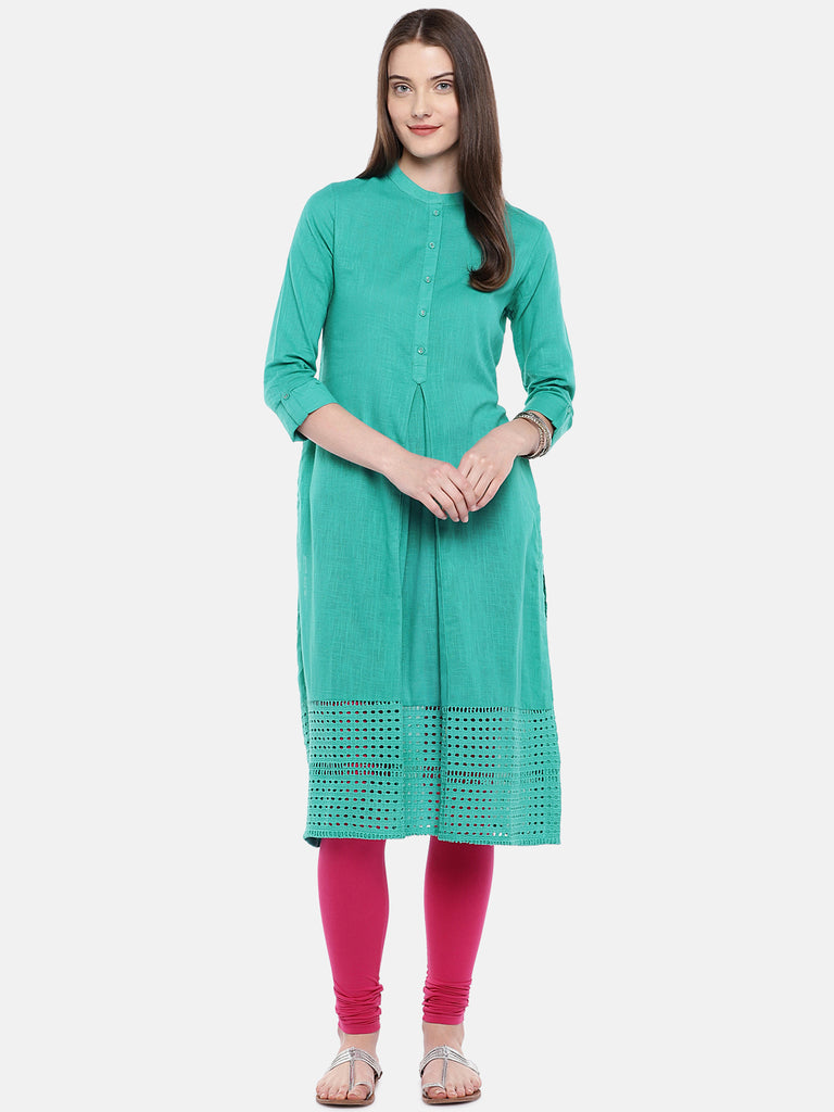 Women A Line Three-Fourth Teal Kurta
