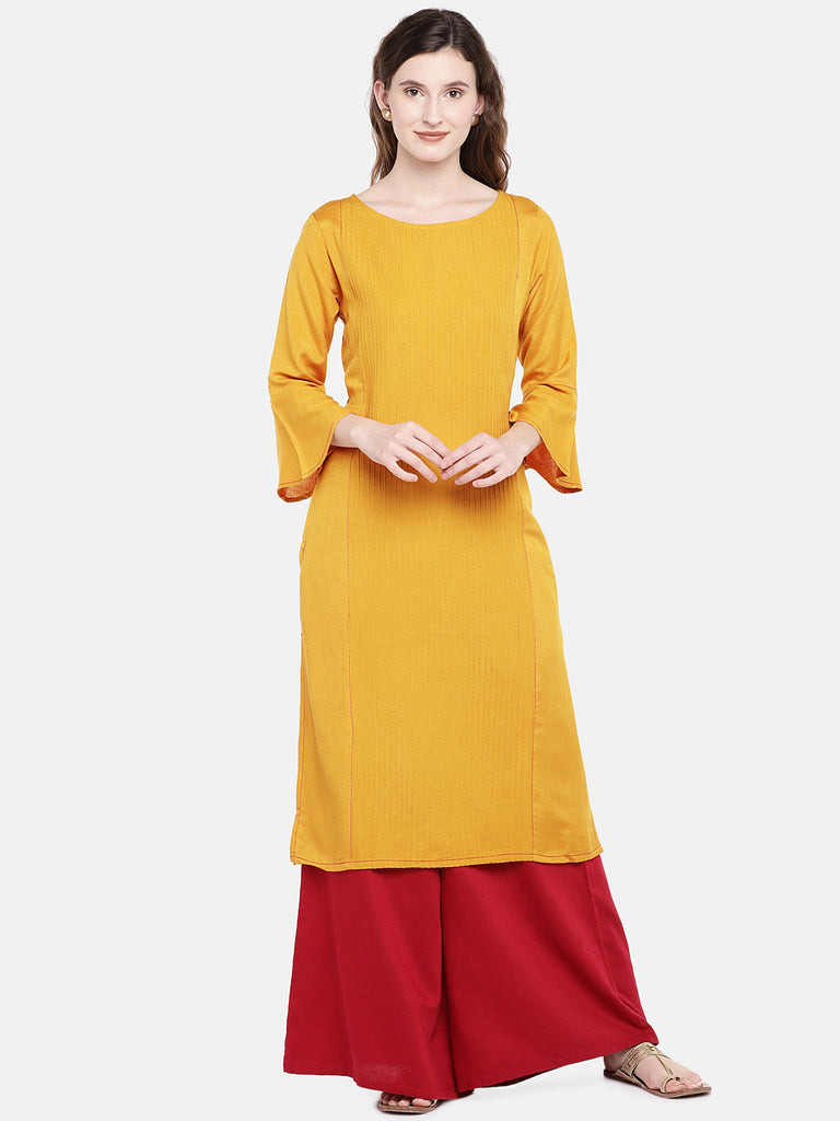 Women Straight Three-Fourth Mustard Kurta