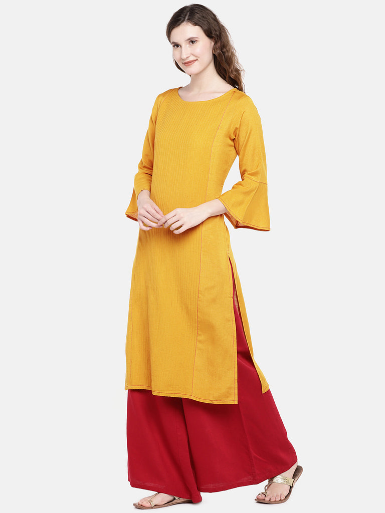 Women Straight Three-Fourth Mustard Kurta