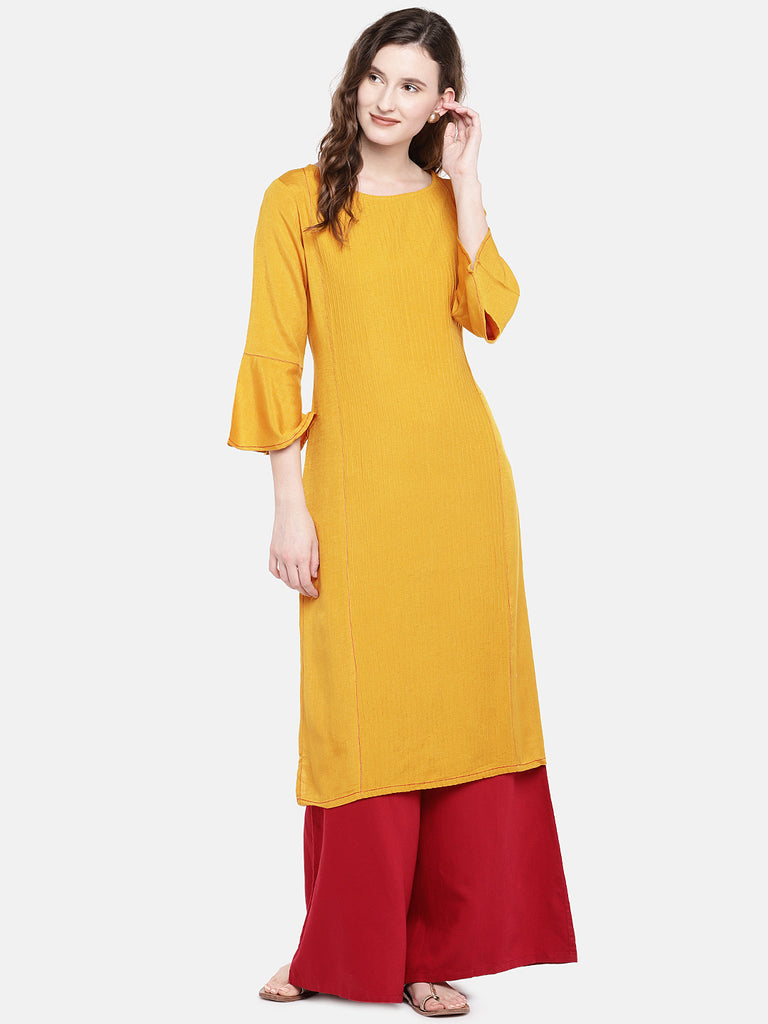 Women Straight Three-Fourth Mustard Kurta