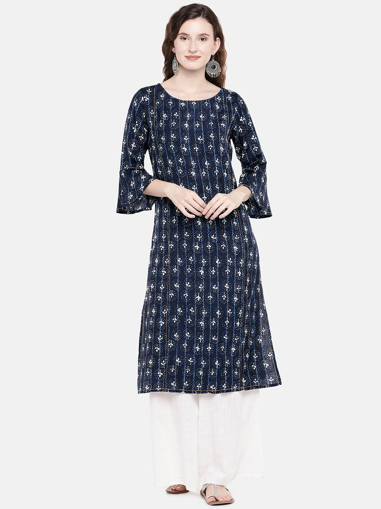 Women Straight Three-Fourth Indigo Kurta