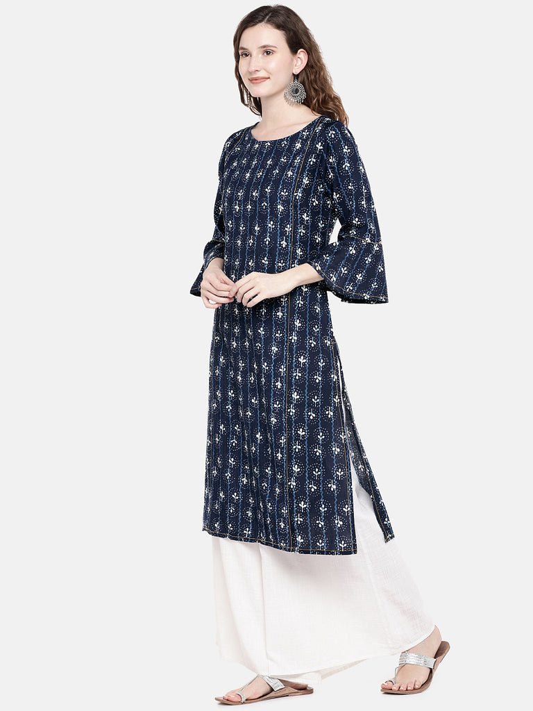 Women Straight Three-Fourth Indigo Kurta