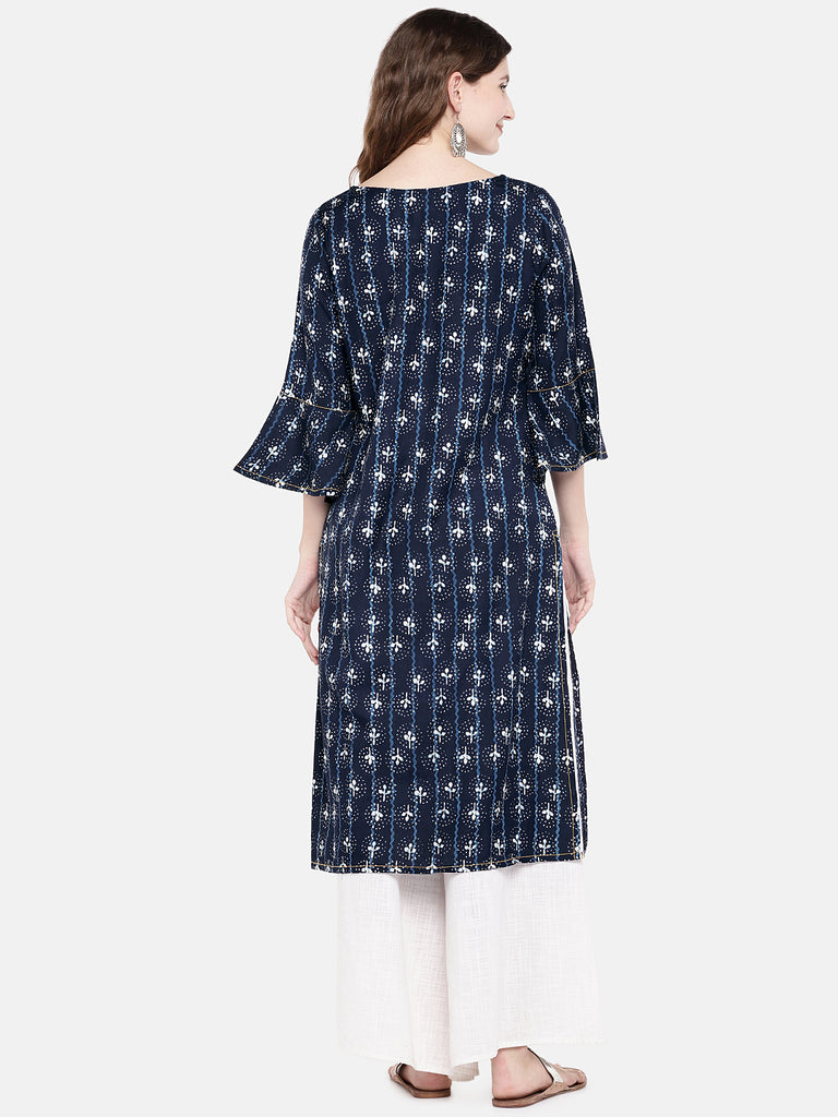 Women Straight Three-Fourth Indigo Kurta