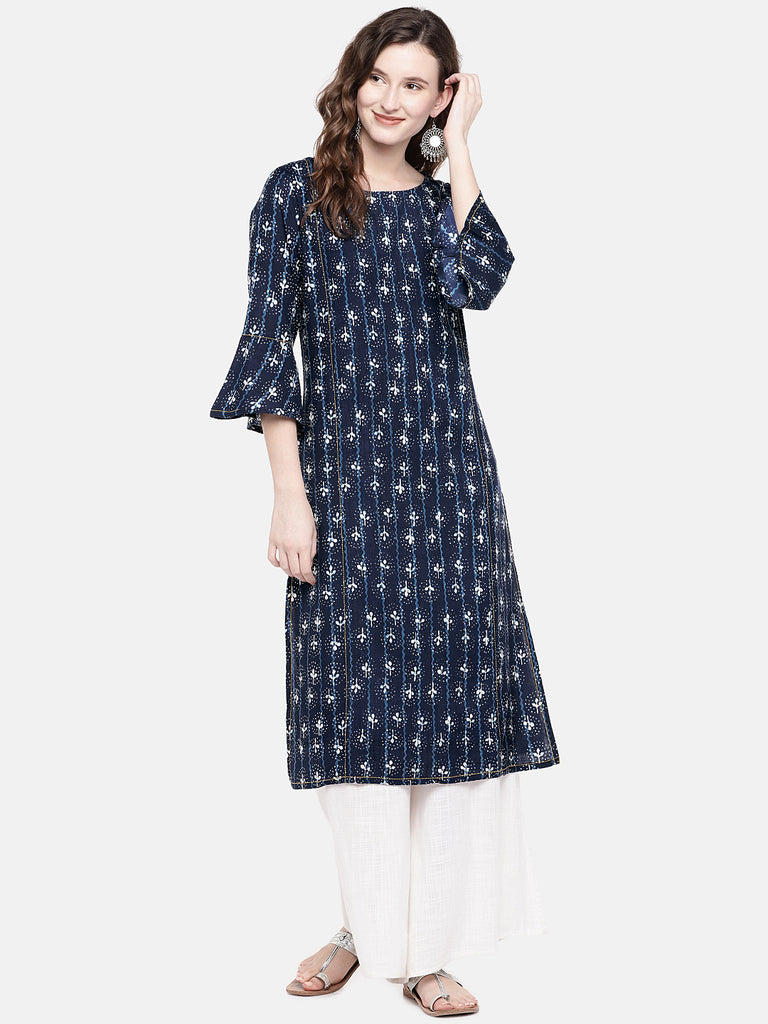 Women Straight Three-Fourth Indigo Kurta