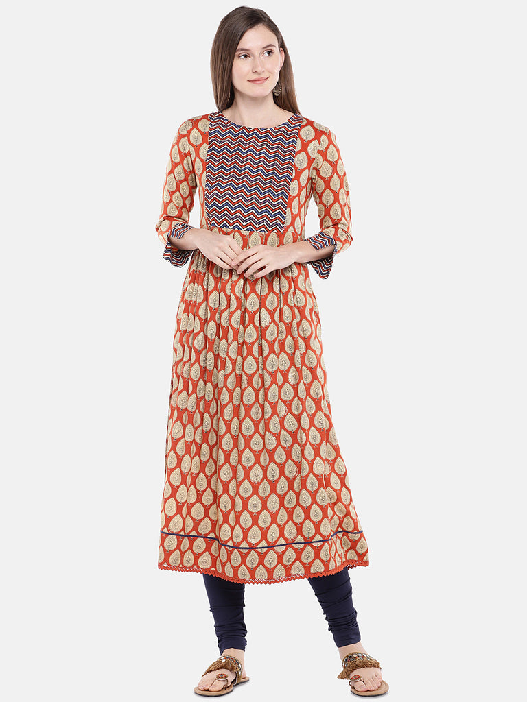 Women Flared Three-Fourth Rust Kurta