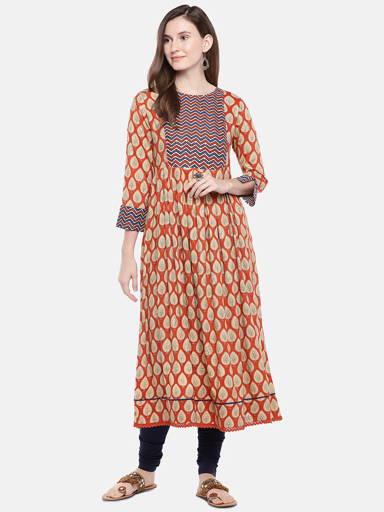 Women Flared Three-Fourth Rust Kurta
