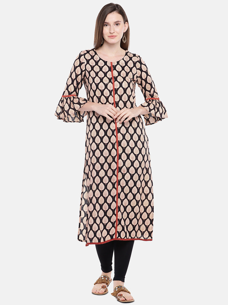 Women Straight Three-Fourth Black Kurta