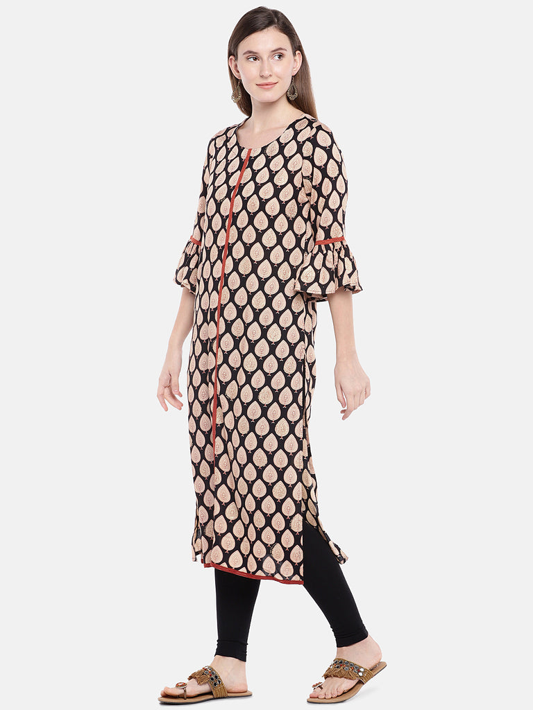 Women Straight Three-Fourth Black Kurta