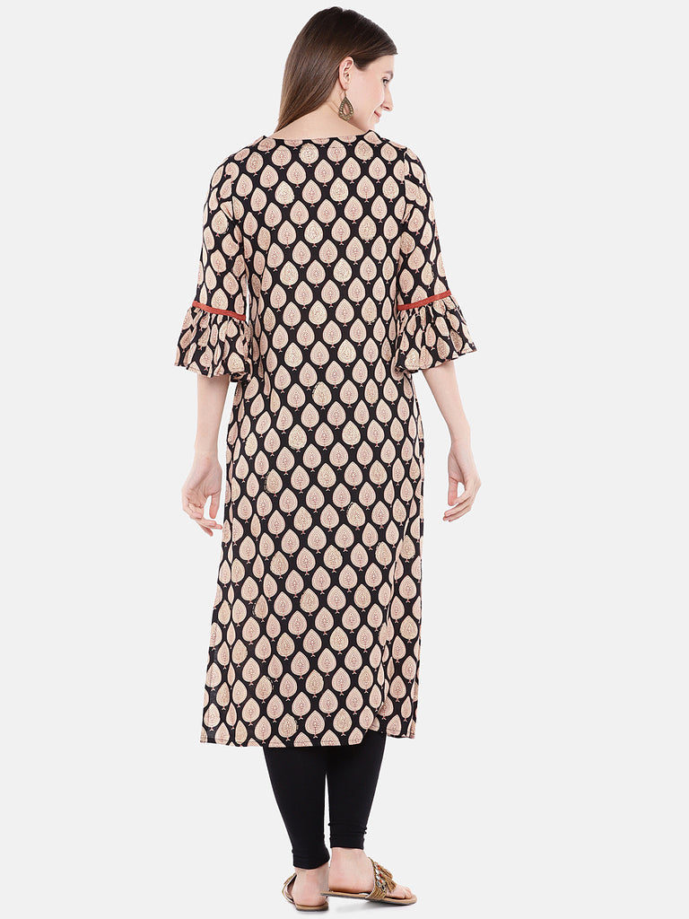 Women Straight Three-Fourth Black Kurta