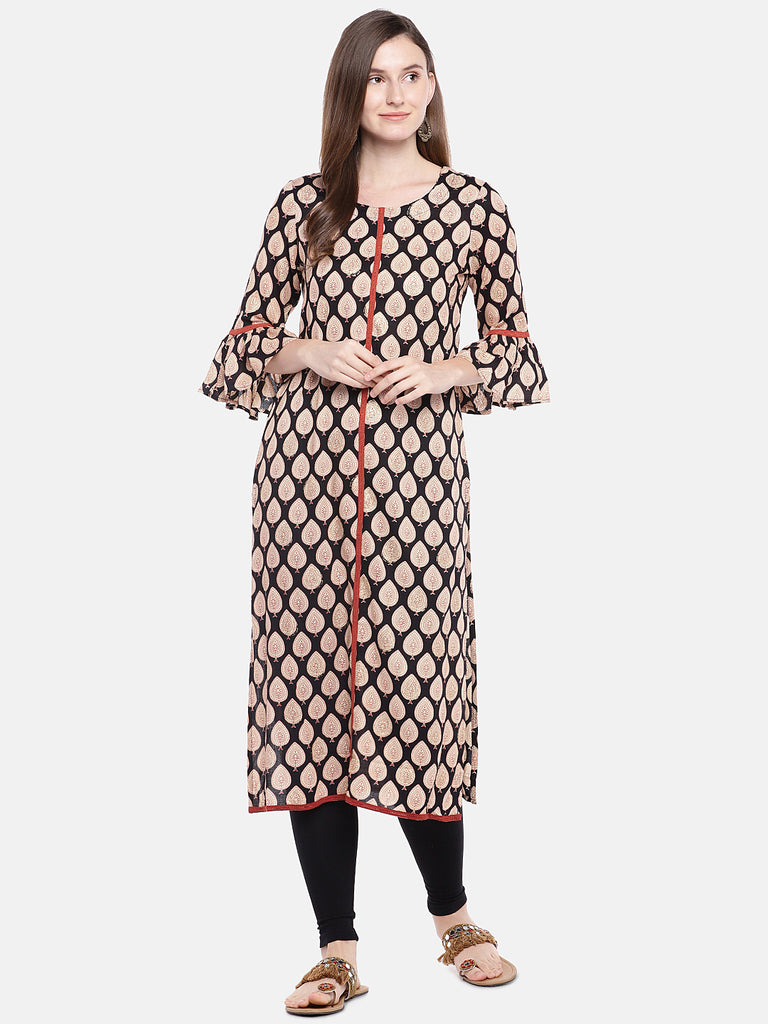Women Straight Three-Fourth Black Kurta