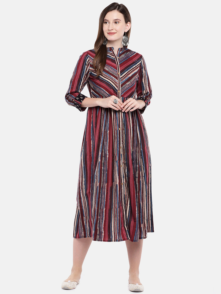 Women Flared Three-Fourth Rust Dress