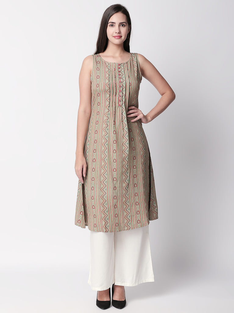 Women A Line Sleeveless Beige Kurta