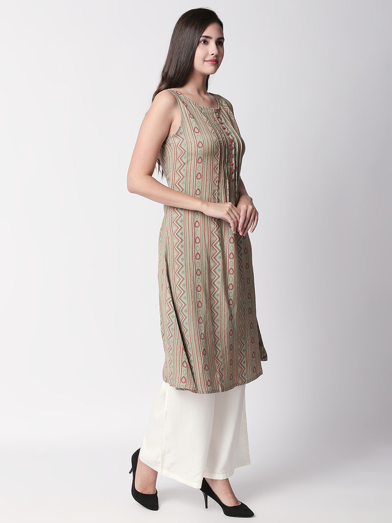Women A Line Sleeveless Beige Kurta