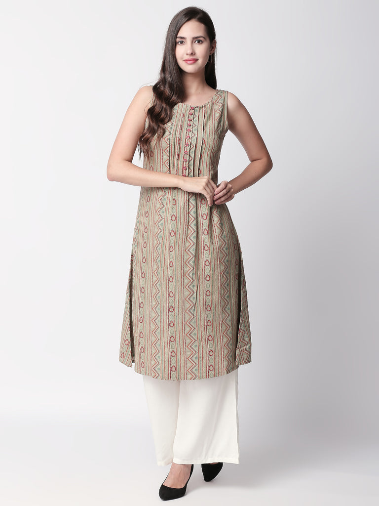 Women A Line Sleeveless Beige Kurta