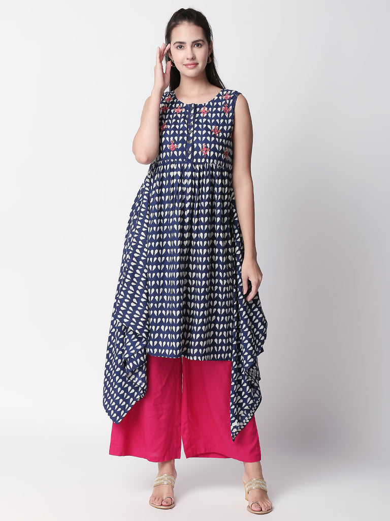 Women Hanky Hem Sleeveless Indigo Kurta