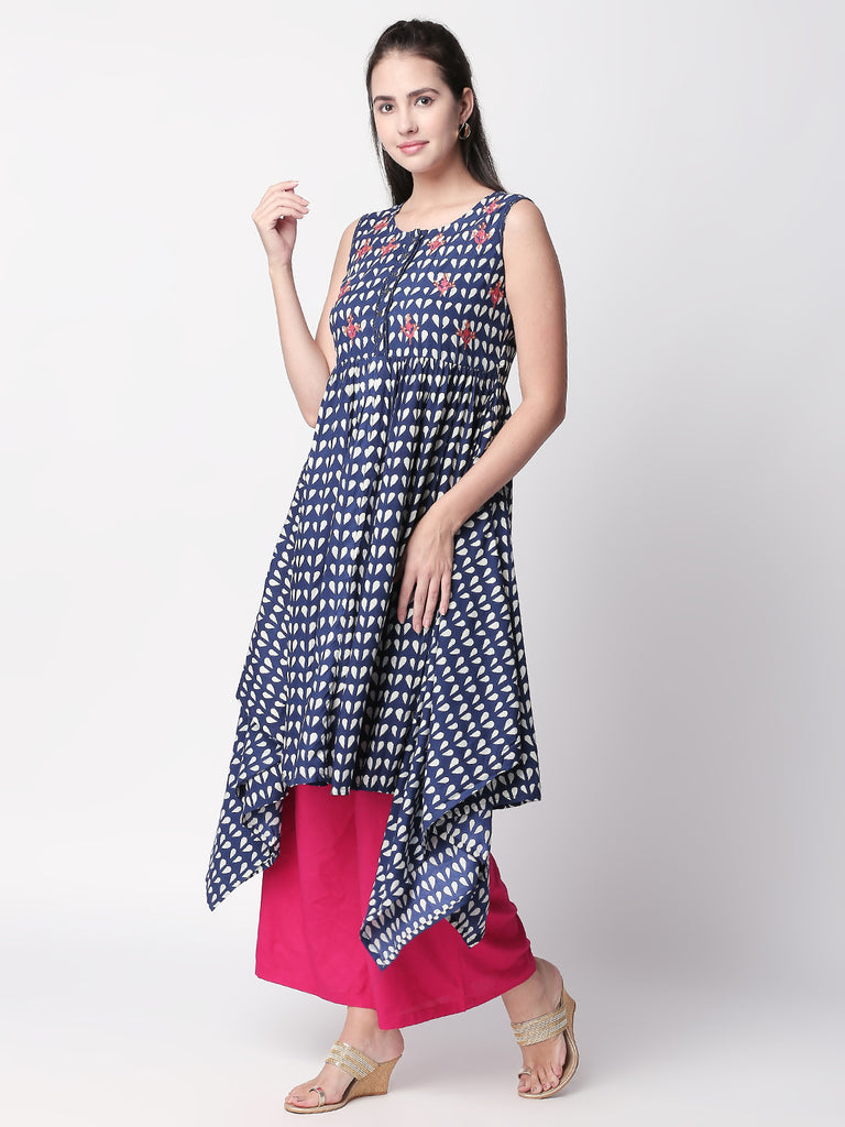 Women Hanky Hem Sleeveless Indigo Kurta
