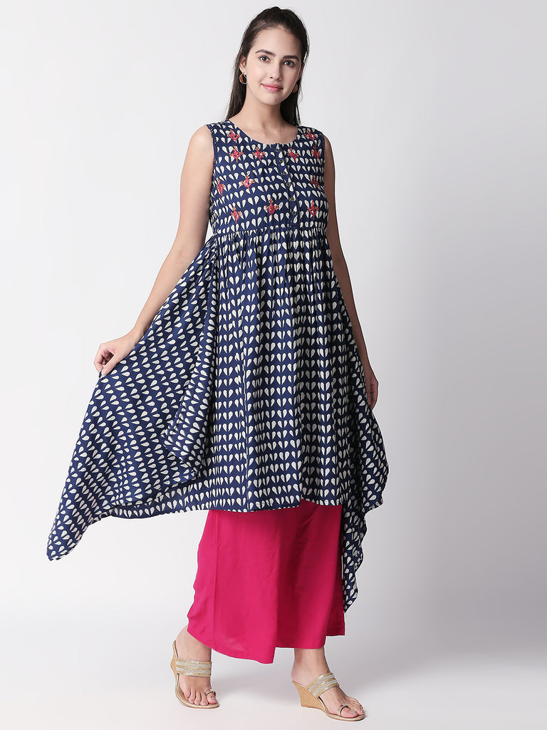 Women Hanky Hem Sleeveless Indigo Kurta