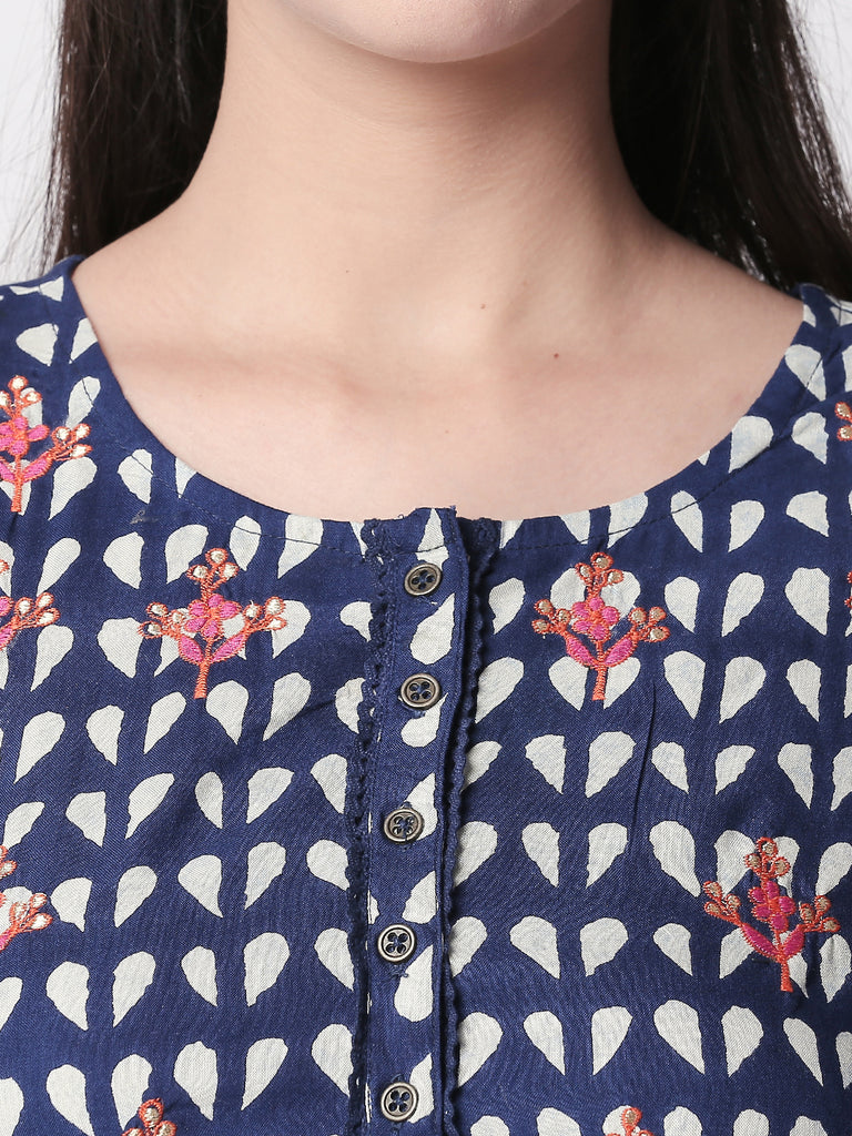 Women Hanky Hem Sleeveless Indigo Kurta