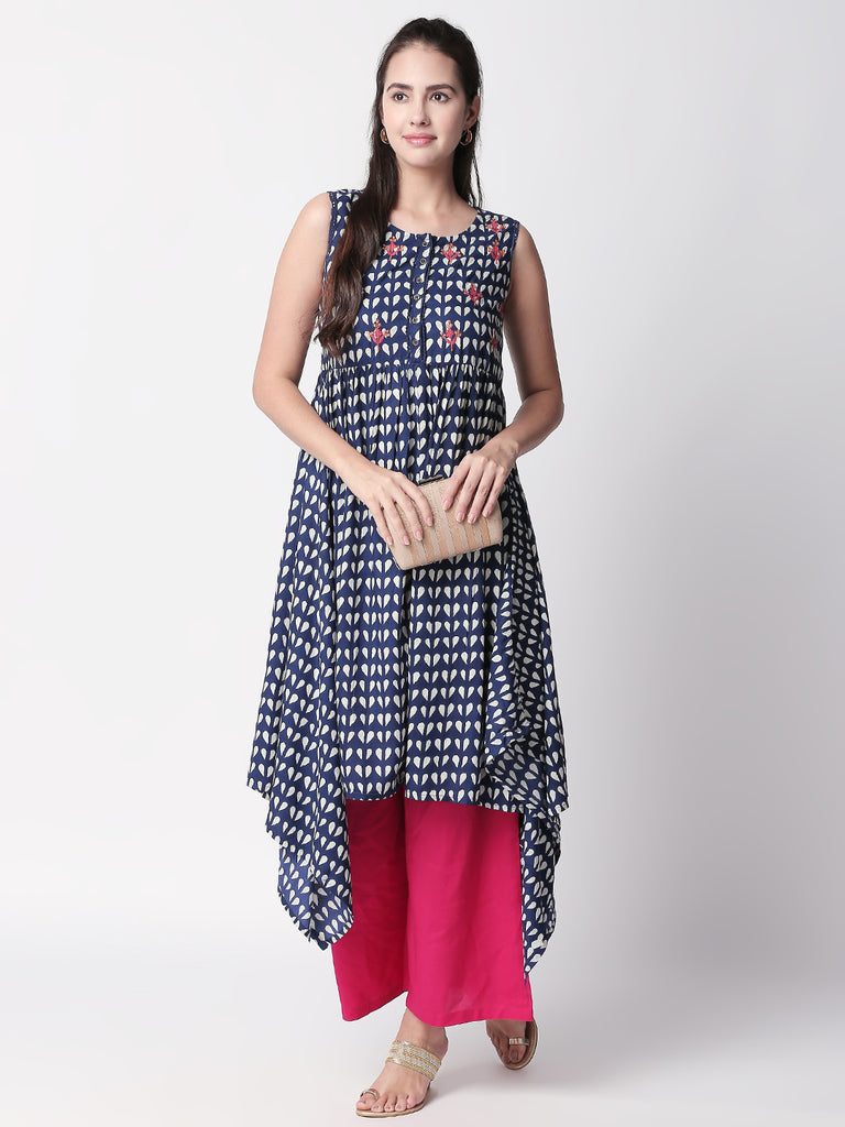 Women Hanky Hem Sleeveless Indigo Kurta