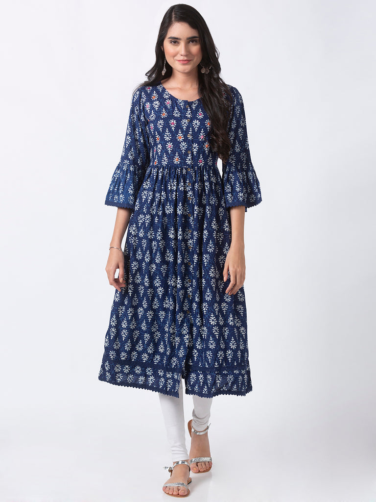 Women Flared Three-Fourth Indigo Kurta