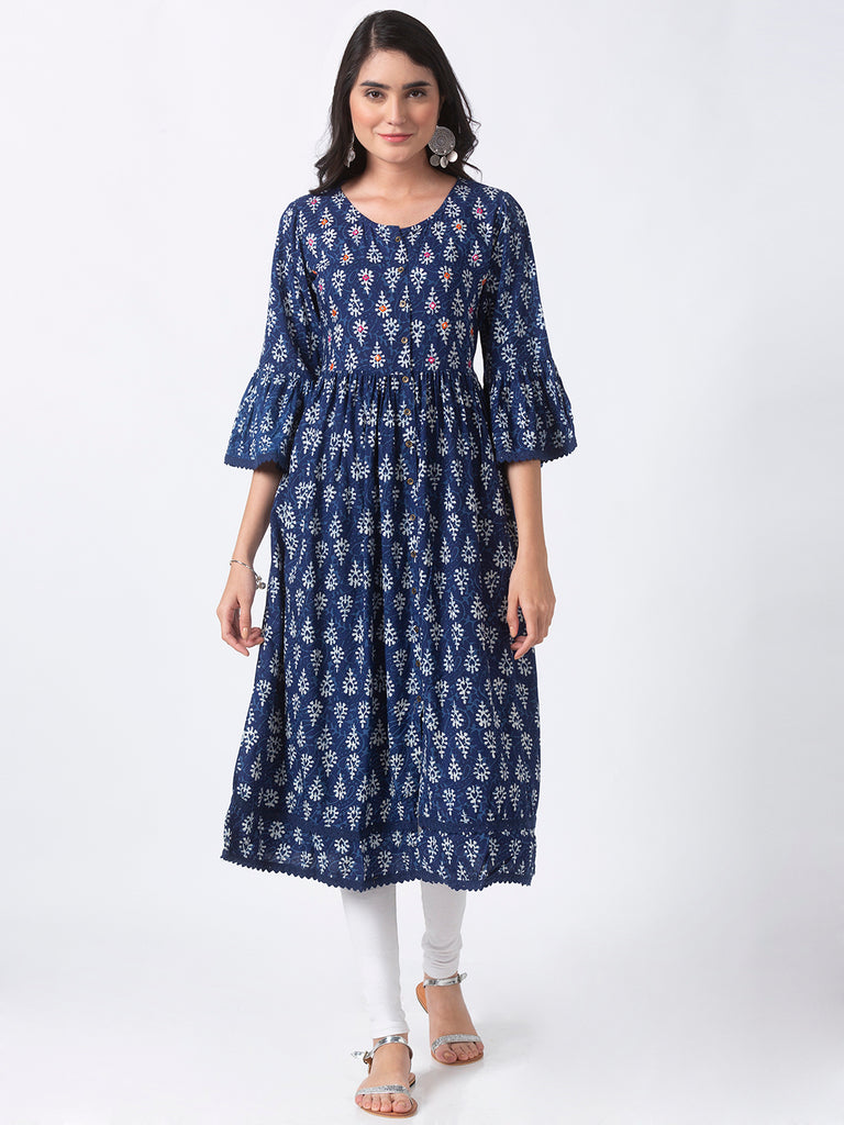 Women Flared Three-Fourth Indigo Kurta