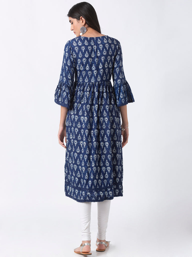 Women Flared Three-Fourth Indigo Kurta