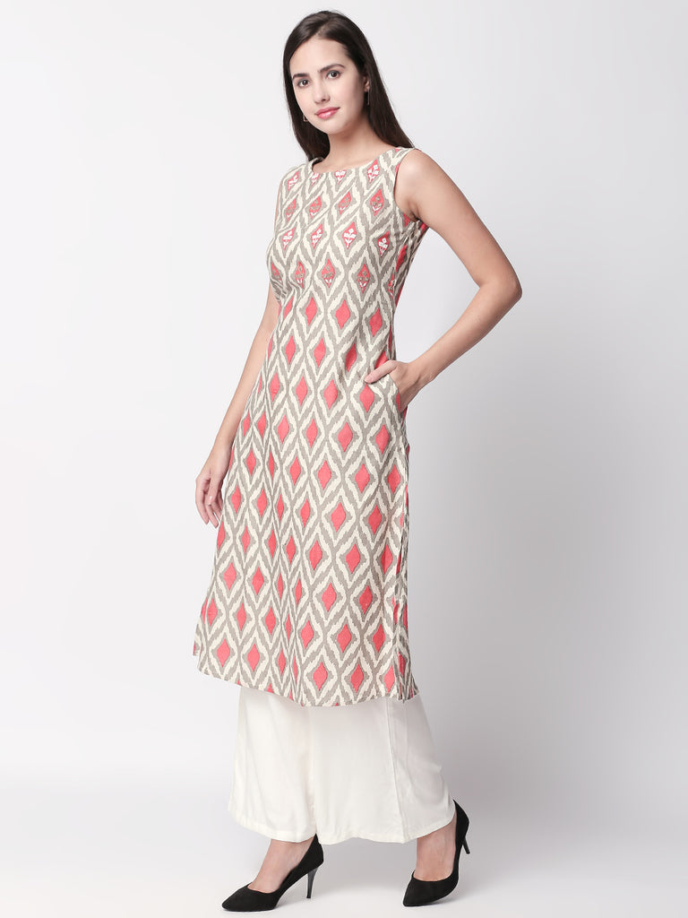Women Straight Sleeveless Coral Kurta