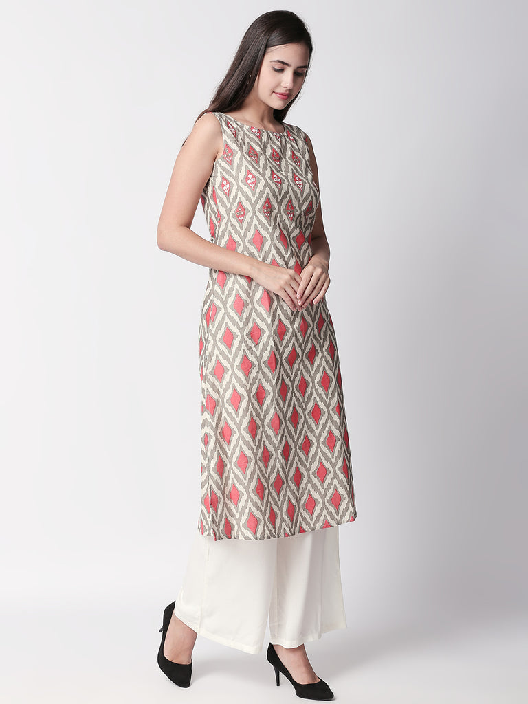 Women Straight Sleeveless Coral Kurta