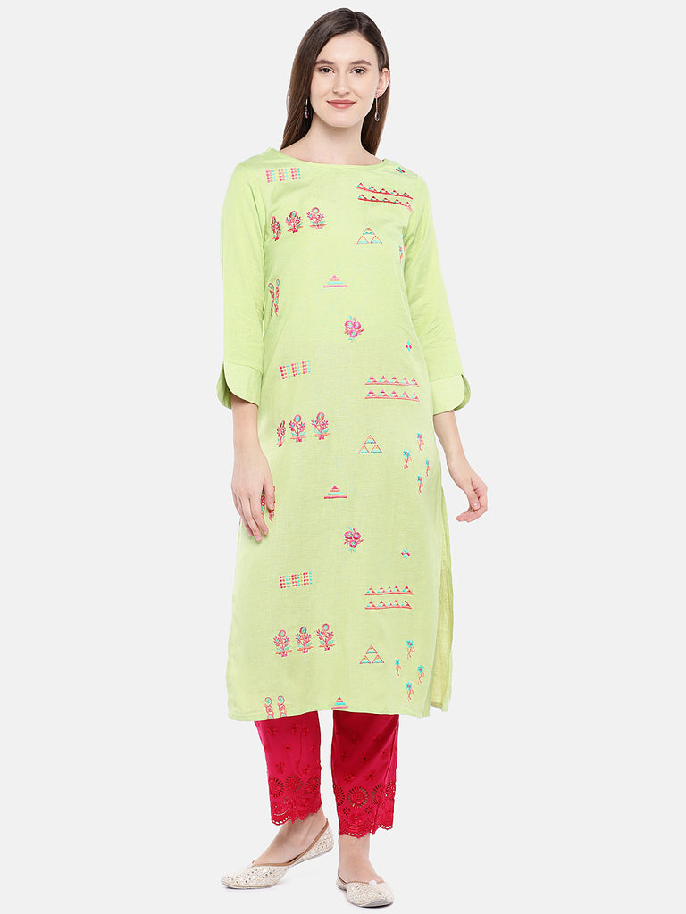 Women Straight Three-Fourth Mint Kurta