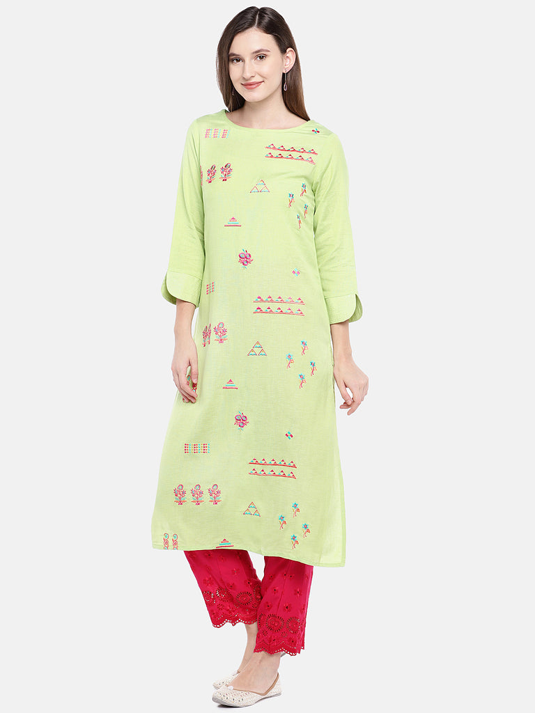 Women Straight Three-Fourth Mint Kurta