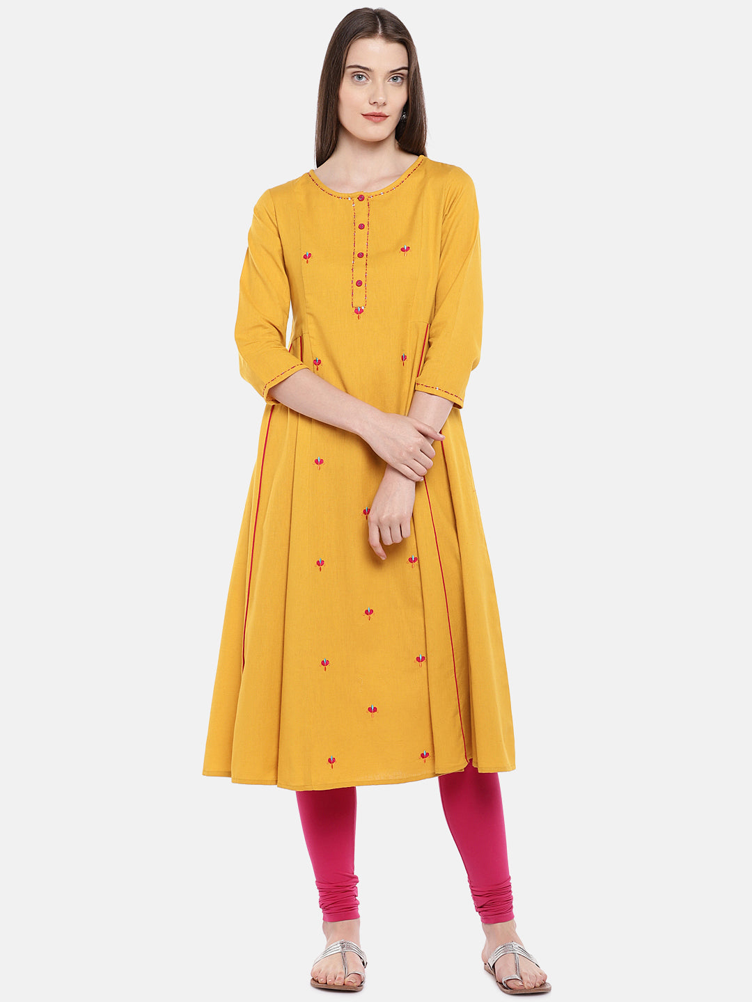 Women A Line Three-Fourth Mustard Kurta