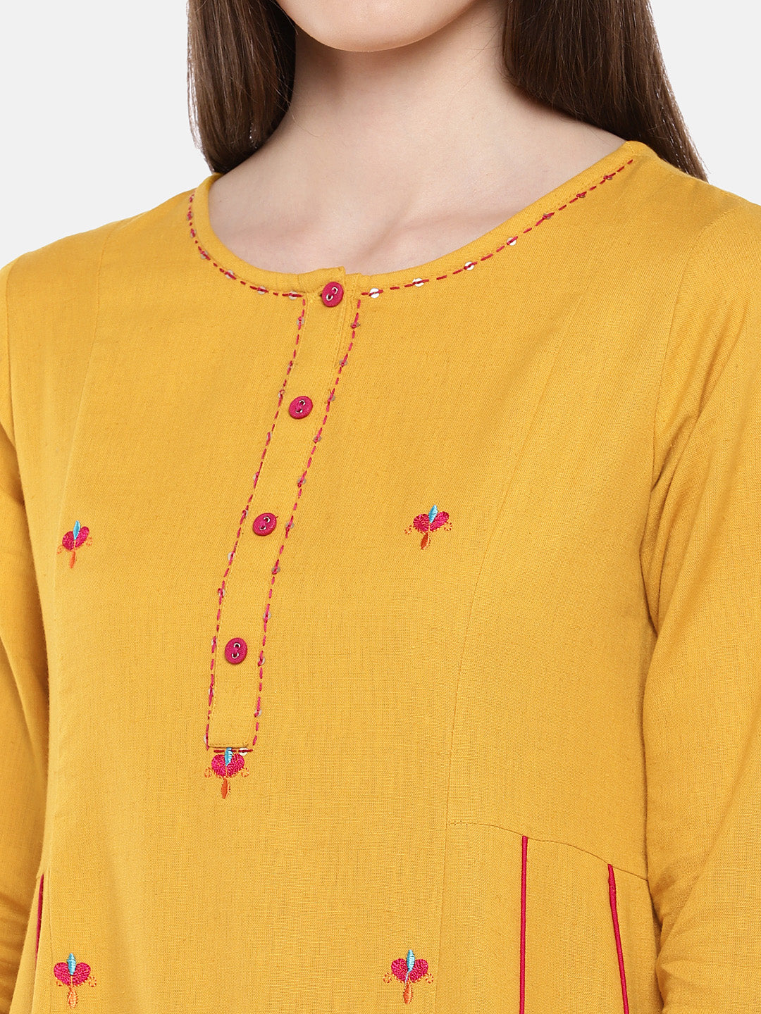 Women A Line Three-Fourth Mustard Kurta