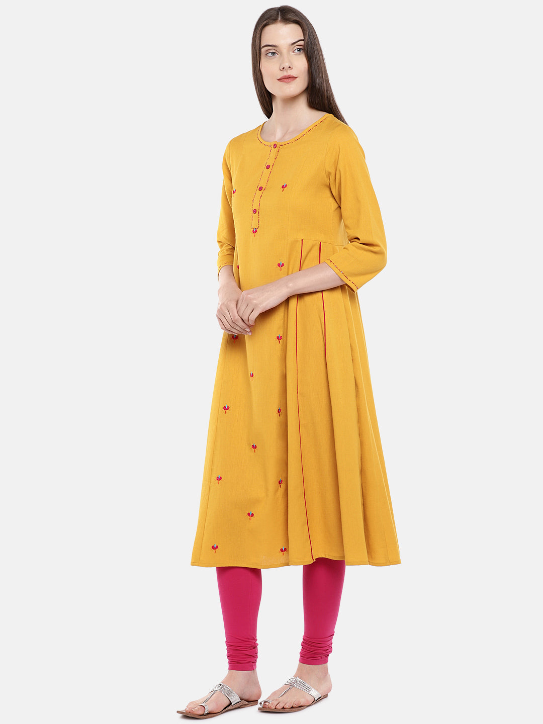 Women A Line Three-Fourth Mustard Kurta