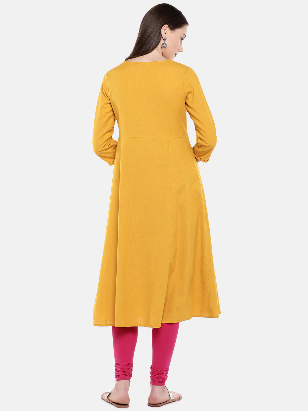 Women A Line Three-Fourth Mustard Kurta